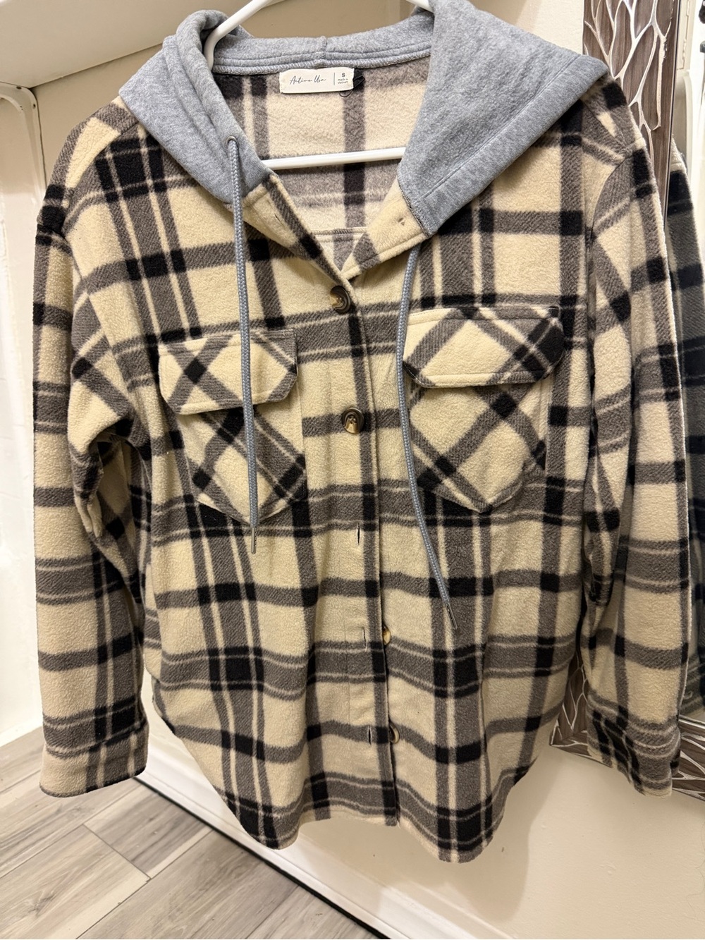Active USA Beige and Black Plaid Hooded Shacket